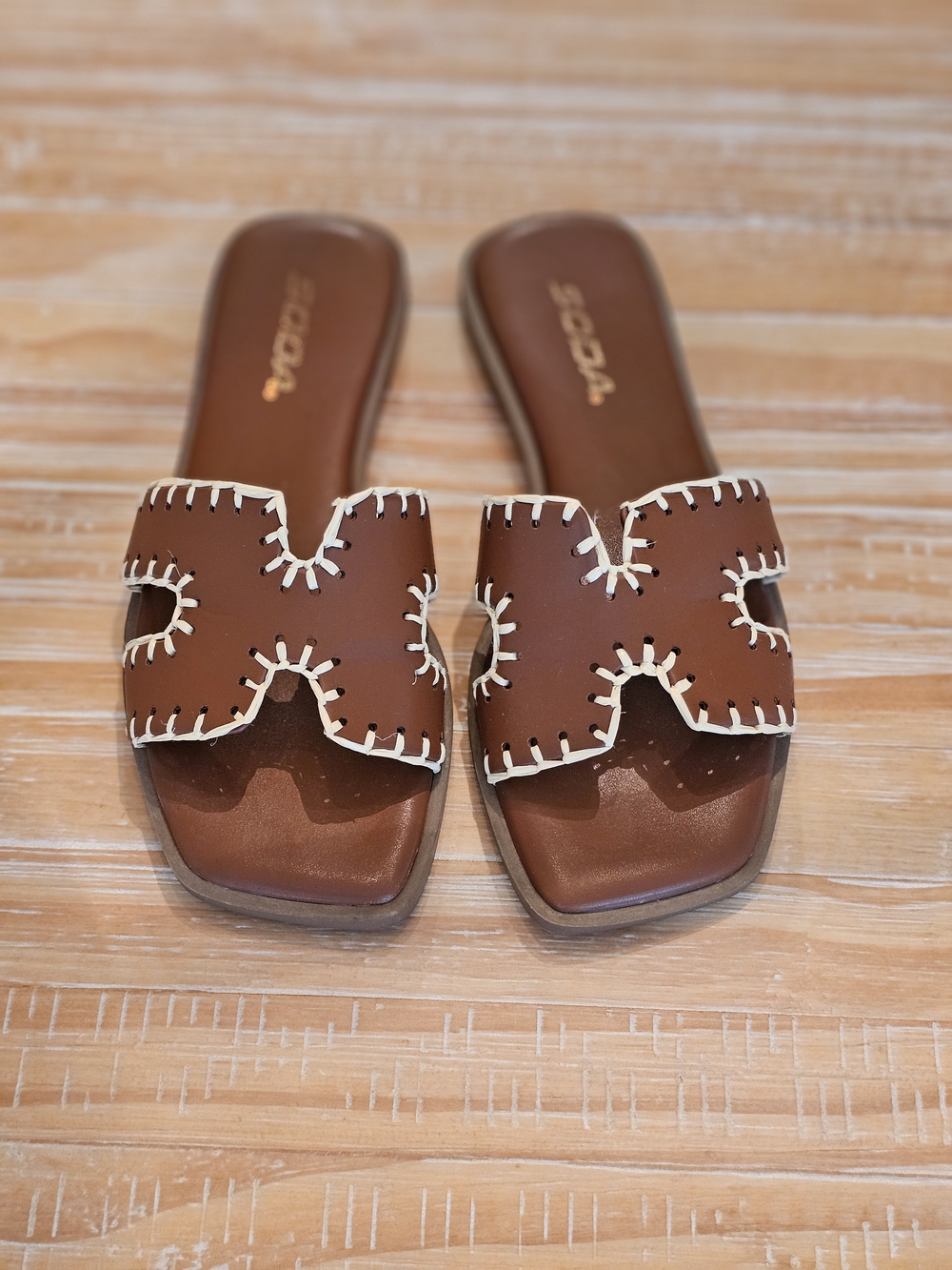 Soda Brown Slide Sandals with Cream Whipstitch Trim - Picture 3 of 4